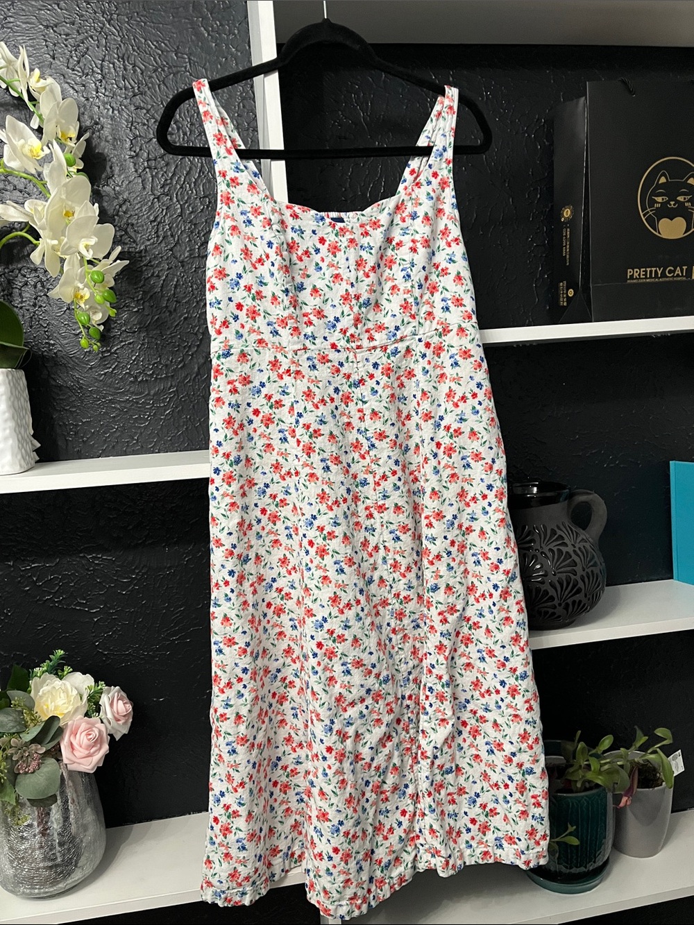 Old Navy White Midi Dress with Red & Blue Floral Print M
